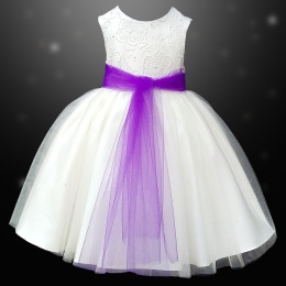 Girls Ivory Diamante & Organza Dress with Purple Sash